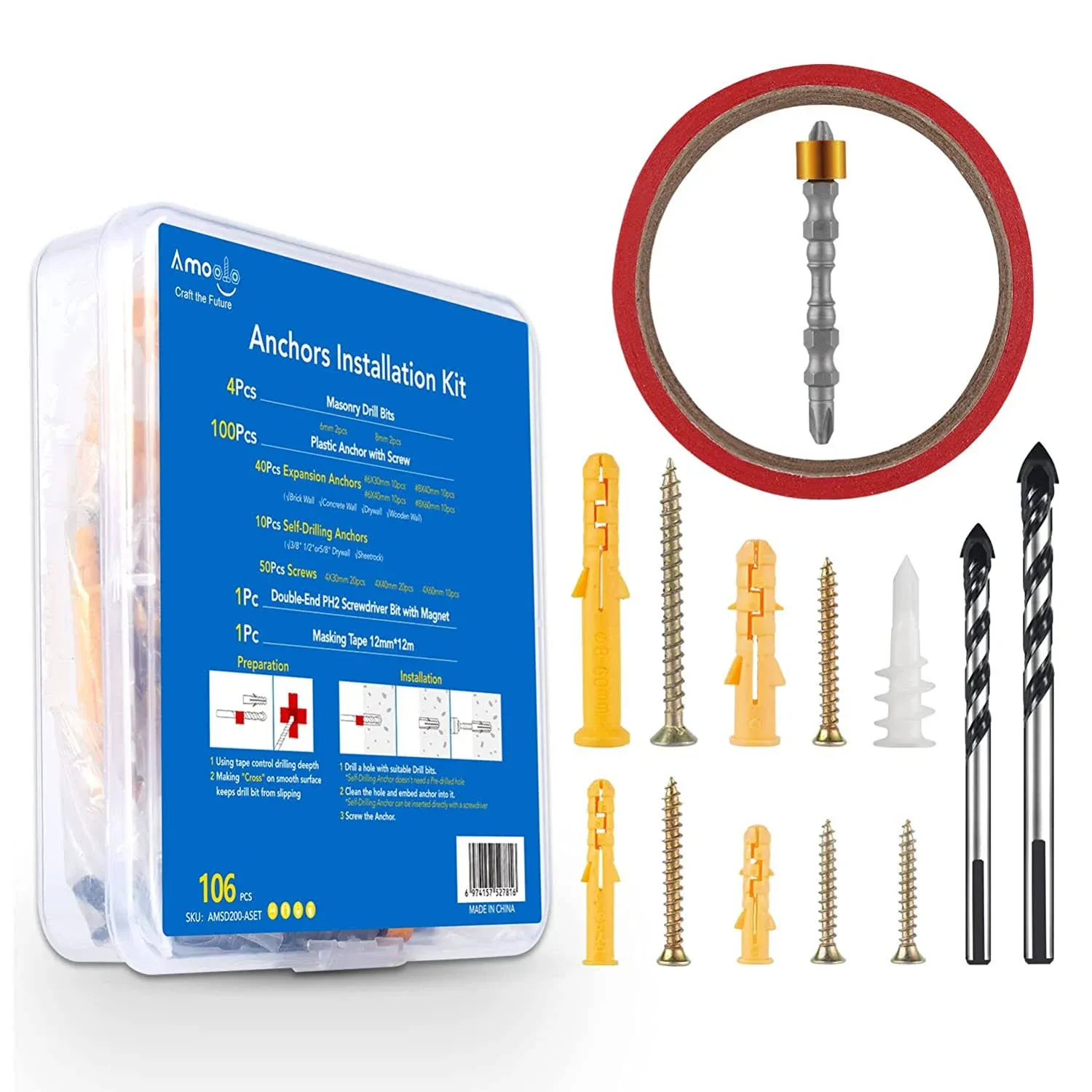 amoolo 106pcs Concrete Anchors and Screws Assortment Kit, for Drywall, Concrete Wall, Tile, Ceramic, Brick, Cinder Block, etc. with A Magnetic