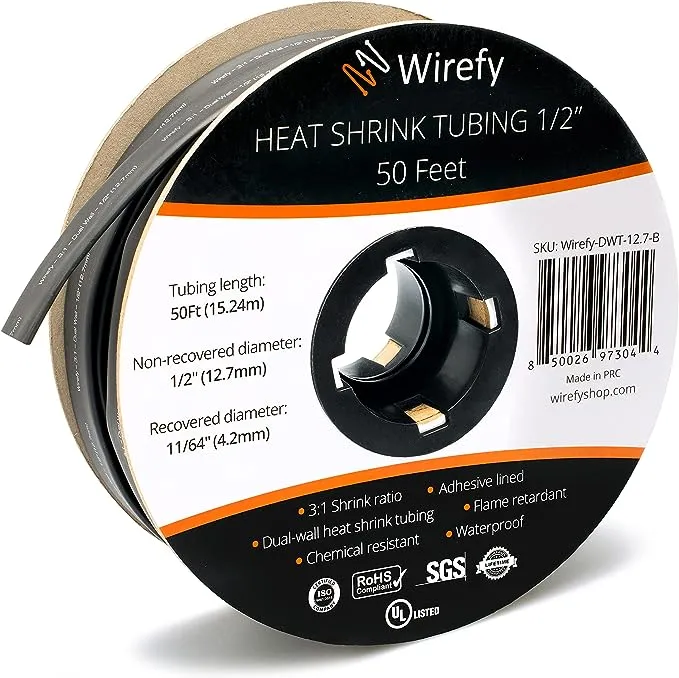 Wirefy 1/2" Heat Shrink Tubing - 3:1 Ratio - Adhesive Lined - Marine Grade Heat Shrink - Black - 50 Feet Roll