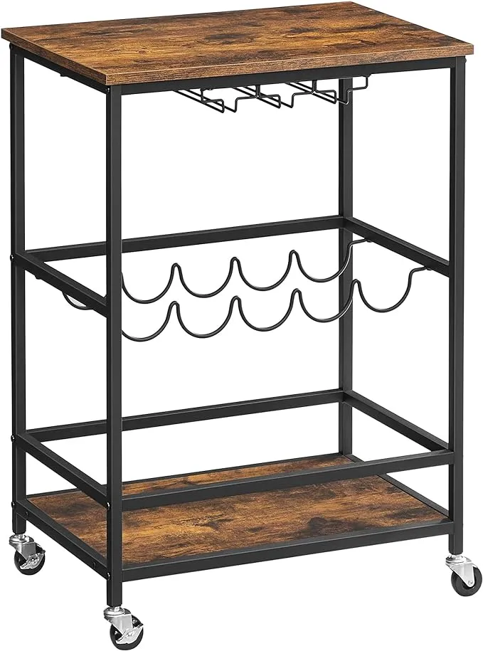 VASAGLE Bar Cart, Serving Cart with Casters, Glass Holders, Wine Holders, 15.7 x 23.6 x 32.3 Inches, Industrial, for Home Bar, Kitchen, Dining Room, Turquoise Brown and Simply Black ULRC087B60