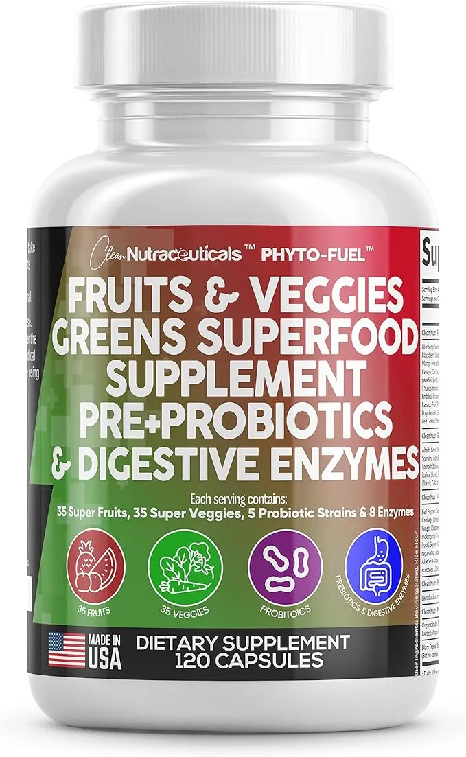 Fruits and Veggies Supplement Reds & Green Superfood - A Natural Balance Of Over 70 Fruit and Vegetable Supplements Capsules with Probiotics Prebiotics Digestive Enzymes Nature Spirulina -120 Ct USA