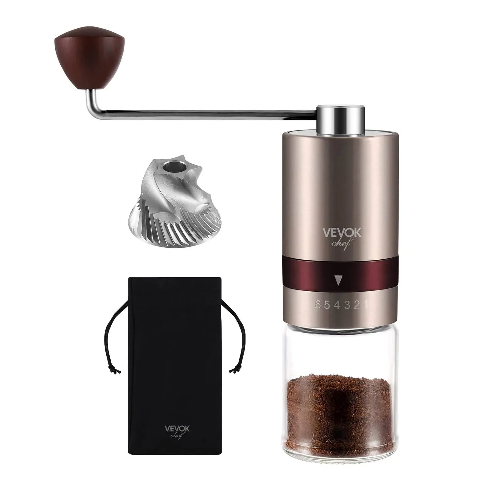 VEVOK CHEF Gold Manual Coffee Grinder Stainless Steel Burr Coffee Grinder with Portable Bag External Adjustable Setting Small Hand Coffee Grinder Ultra Fine for Espresso at Home Morning Coffee