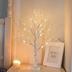 Artificial Tree for Table Decor, 2FT Birch Tree with LED Lights, Warm White Fair