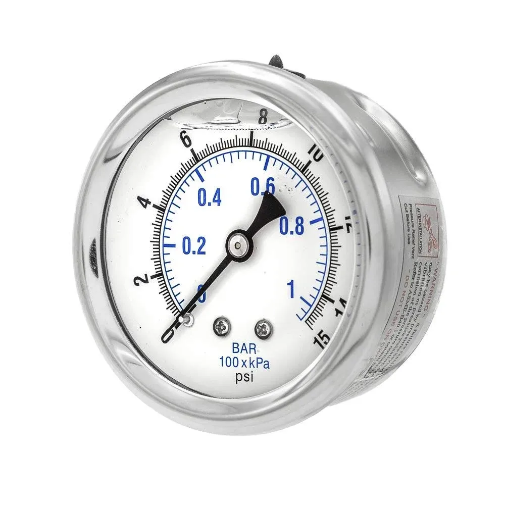 Pic Gauges Pro-202L-254B Pressure Gauge, 0 To 15 Psi, 1/4 In Mnpt, Stainless