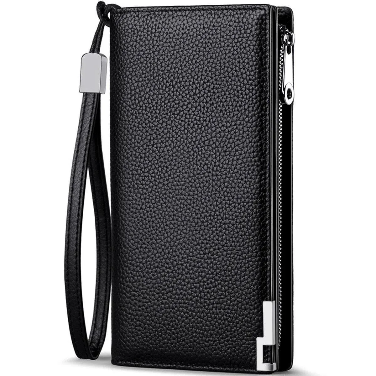 Huztencor Long Wallets for Men Leather RFID Blocking Wallet Bifold Slim Credit Card Holder Zipper Clutch Purse with Wrist Strap Coffee