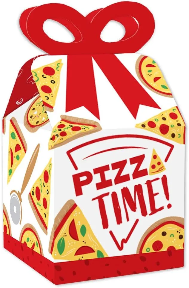 Pizza Party Time - Square Favor Gift Boxes - Baby Shower or Birthday Party Bow Boxes - Set of 12