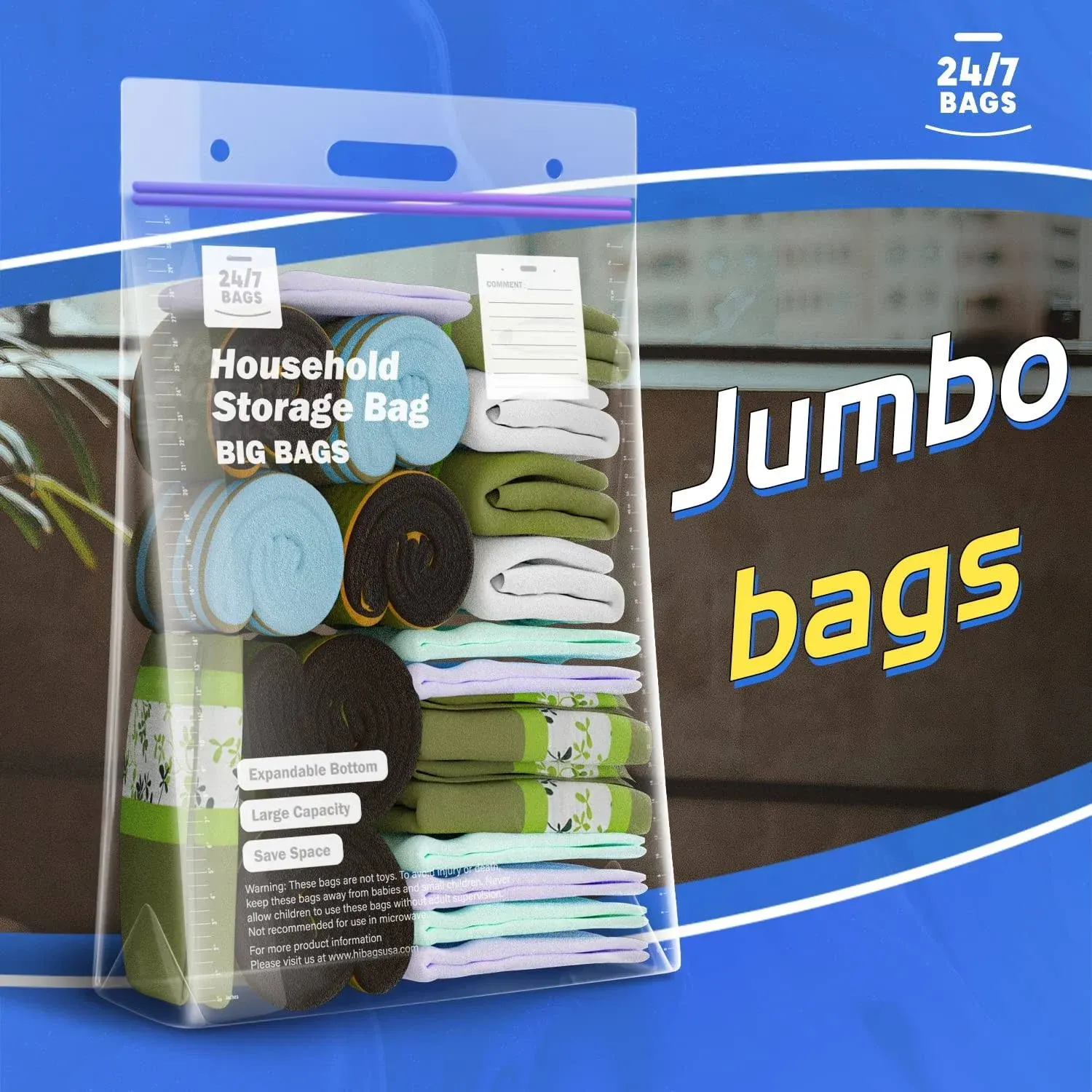 24/7 Bags- Jumbo Double Zipper 20 Gallon Bags, 9 Count, Stand and Fill, Carry Handle, BPA-Free, Air Tight Seal