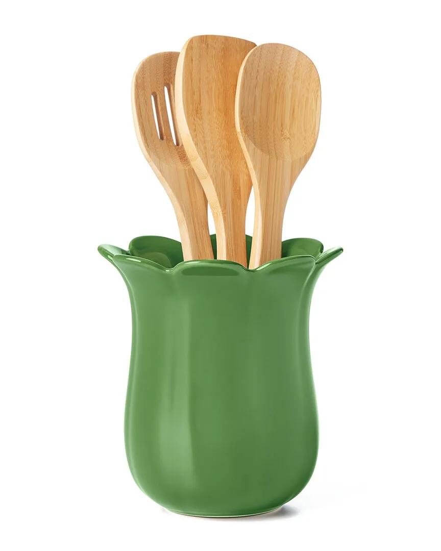 Kate Spade New York Garden Floral Utensil Crock With Wood Utensils