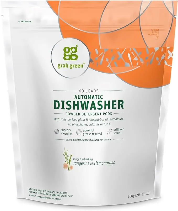 Grab Green Automatic Dishwashing Detergent Pods, 60 Count, Thyme Fig Leaf Scent, Plant and Mineral Based, Superior Cleaning, Powerful Grease Removal, Brilliant Shine