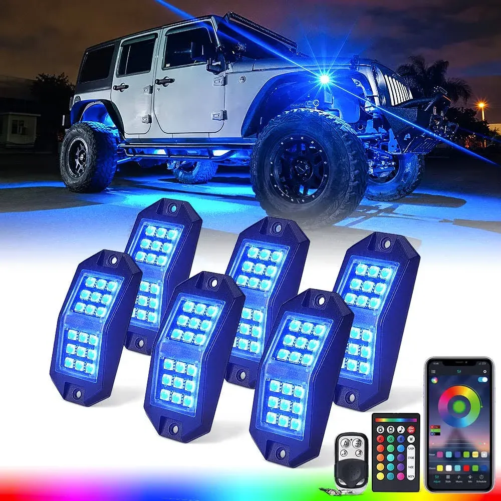 Xprite 6-Piece Discovery Plus Series Multi-Color RGB LED Rock Lights with Remote Control &amp; Bluetooth Options