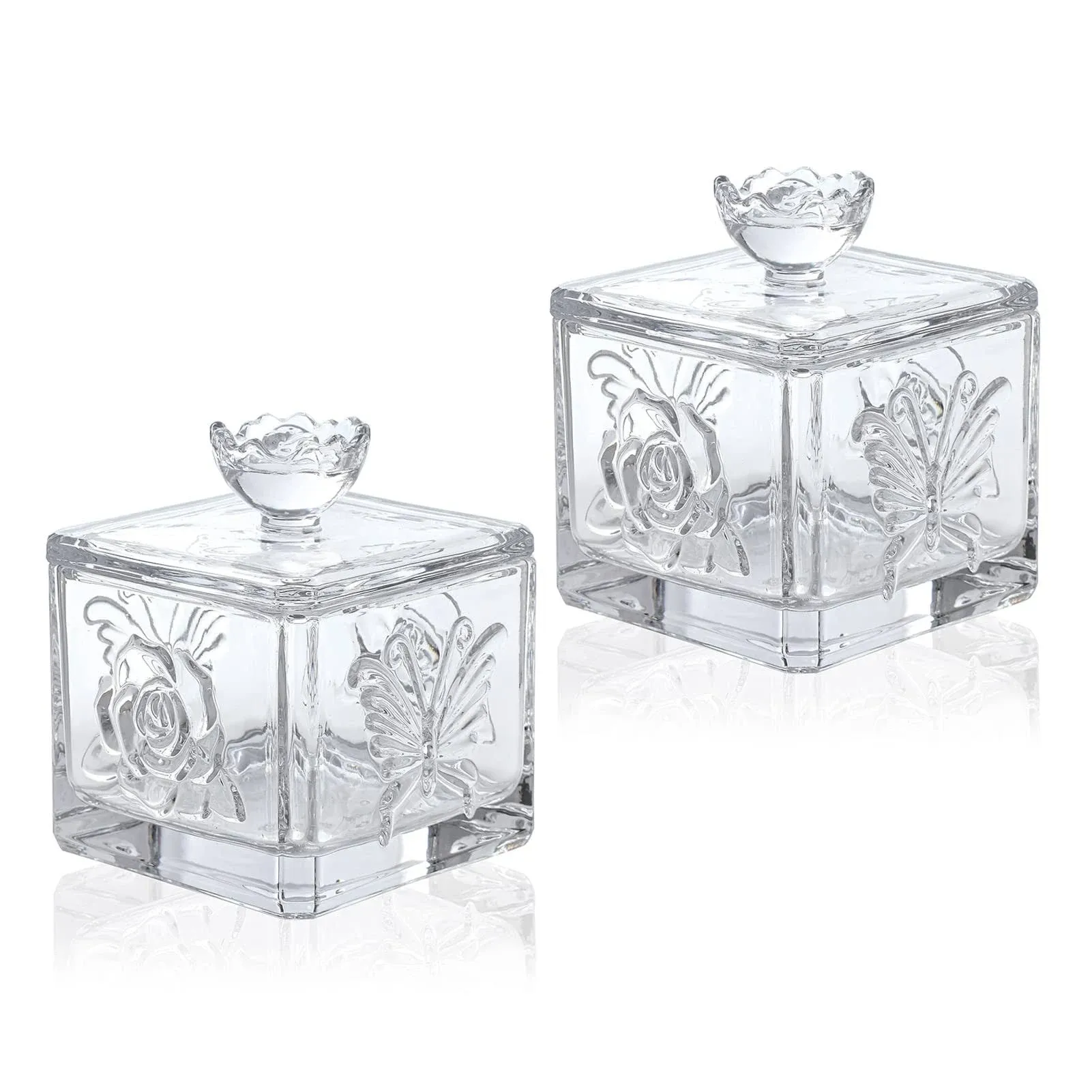 Embossed Glass Candy Jar with Lid Set of 2 Colorful Decorative Jewelry Box ...