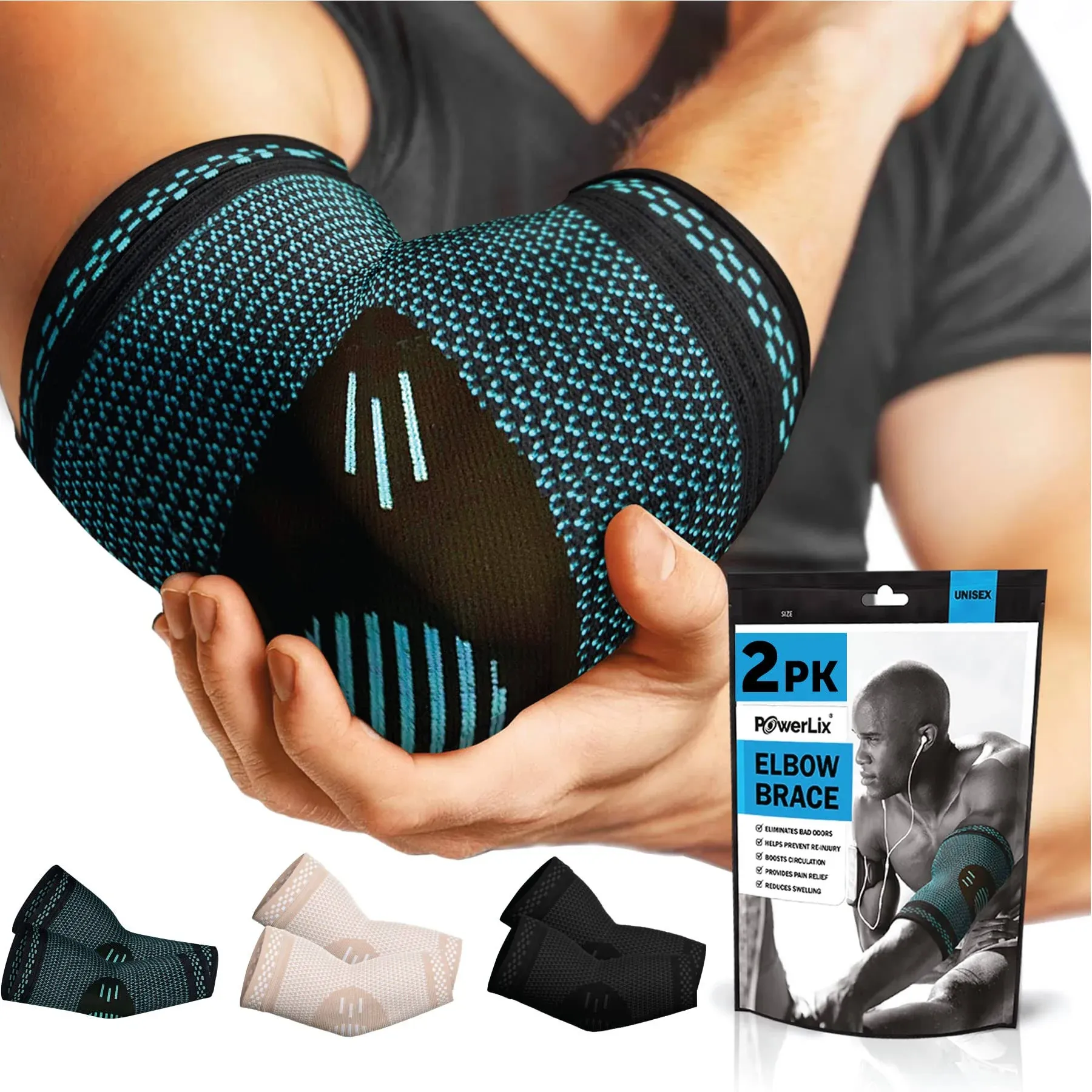 Powerlix Elbow Brace Compression Support (Pair) Elbow Sleeve for Tendonitis ...