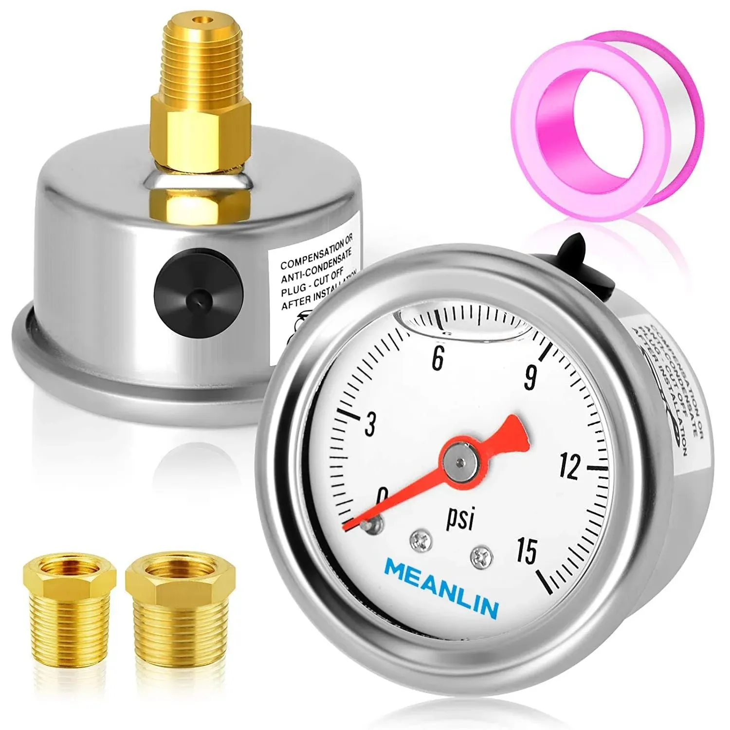 MEANLIN MEASURE 0~15Psi Stainless Steel 1/8" NPT 1.5" FACE DIAL, Glycerin Filled Pressure Gauge, Liquid Filled, Water Oil Air, Back Mount, with 1/8" x 1/4" NPT and 1/8" x 3/8" NPT Hex Bushing