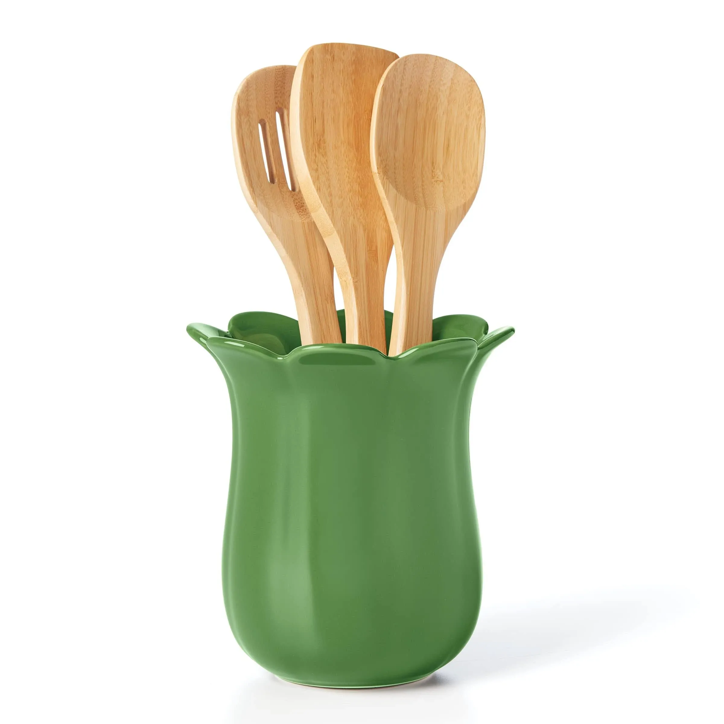 New York Garden Floral Utensil Crock With Wood Utensils Set In Green