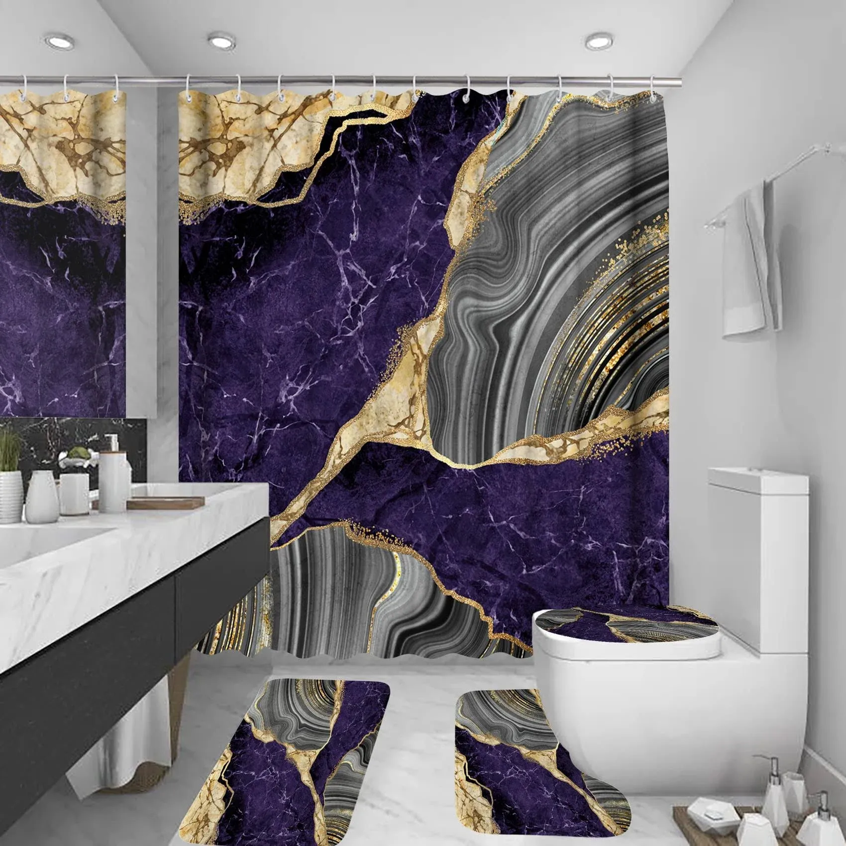 beifivcl 4Pcs Marble Shower Curtain Sets Bathroom Decor Sets Luxury Shower Cu...