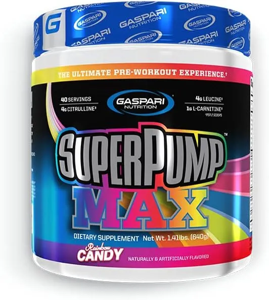 Gaspari Nutrition Super Pump Max, Pre Workout Supplement 40 Servings, Sustained Energy & Nitric Oxide Booster Supports Muscle Growth, Recovery & Replenish (40 Servings, Rainbow Candy)