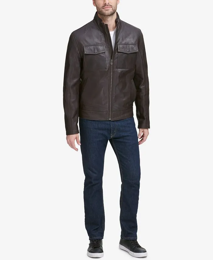 Cole Haan Men's Washed Leather Trucker Jacket, Brown, Medium