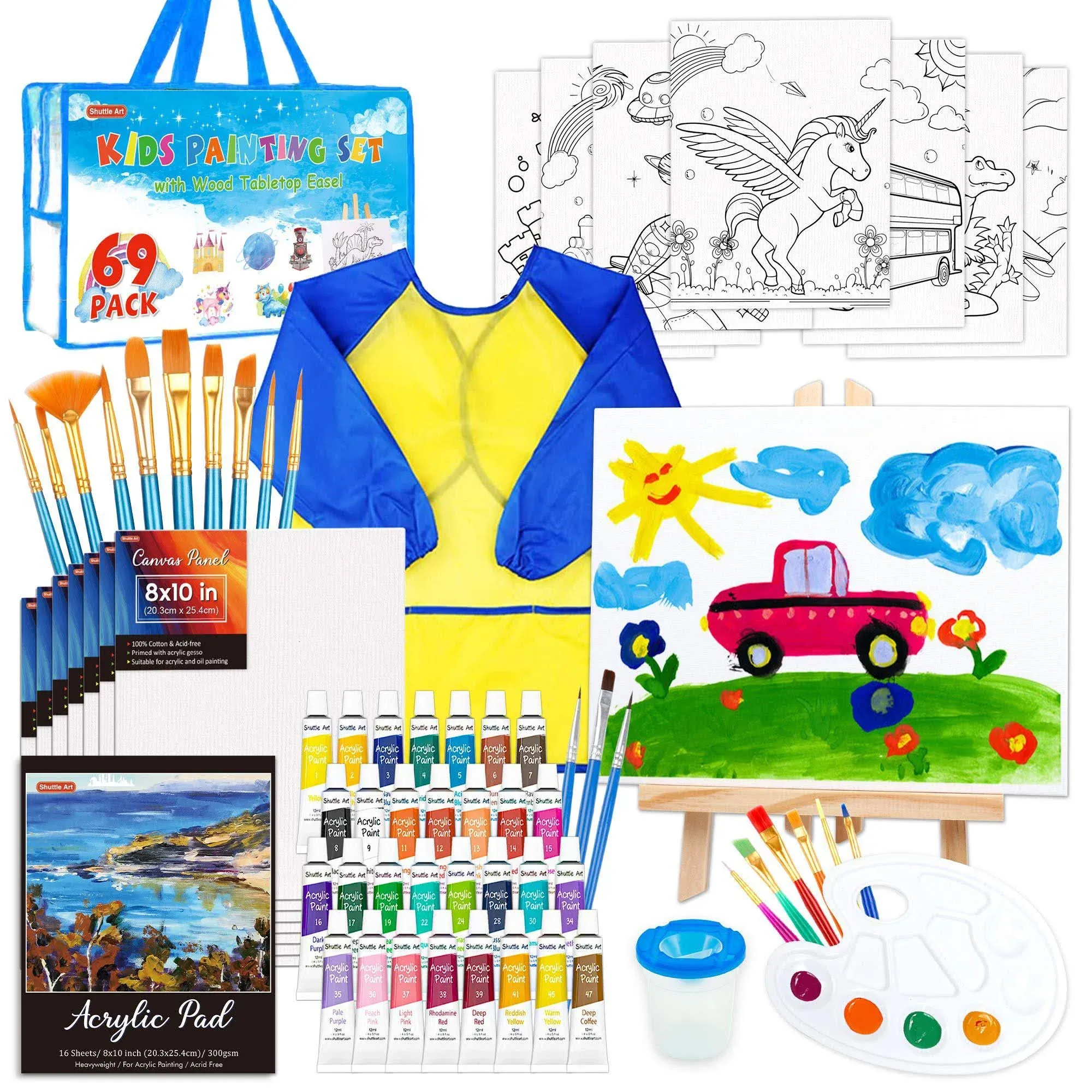 69 Pack Kids Paint Set Art Set For Kids With 30 Colors Acrylic Paint Wood Easel 