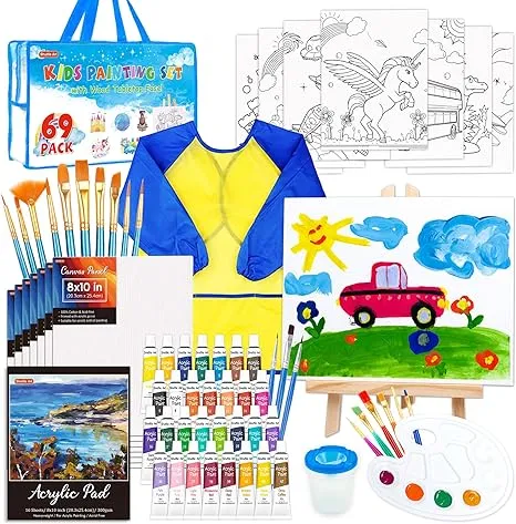 69 Pack Kids Paint Set, Shuttle Art Art Set for Kids with 30 Colors Acrylic Paint, Wood Easel, Canvas, Painting Pad, Brushes, Palette and Smock,