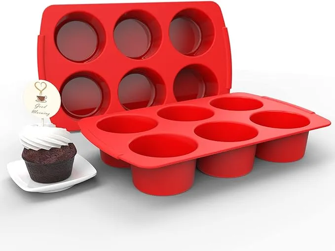 Aokinle Silicon Texas Muffin Pan, European LFGB Cupcake Jumbo Pan 6 Cups, Non-Stick Deep Big Cupcake Baking Pan, Silicone Lar