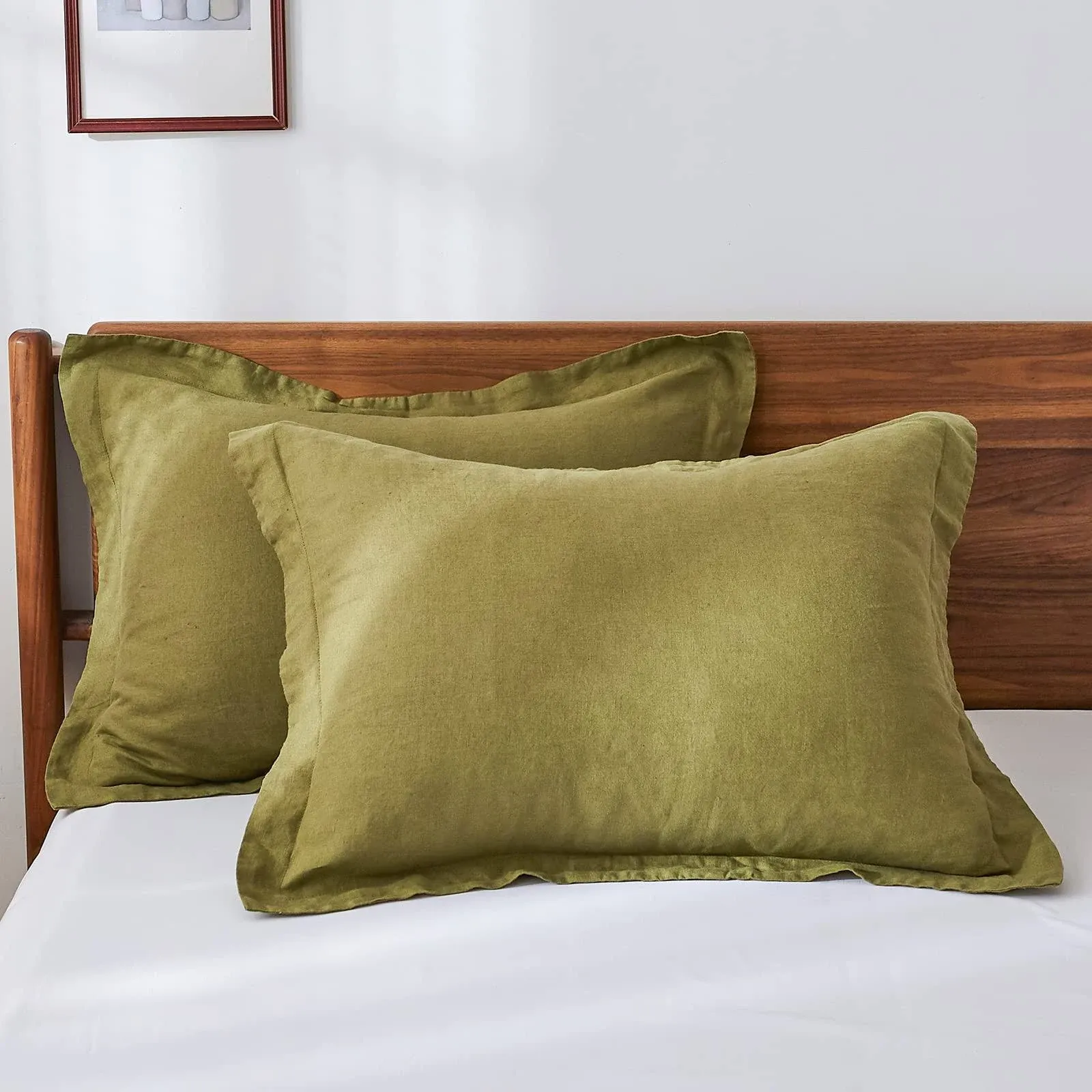 King Linens 100% French Linen Pillow Shams Basic Style - Pack of 2 - Washed Solid Color Natural Flax Soft Breathable - Olive, 20