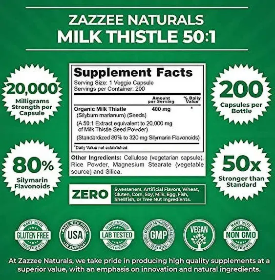 Zazzee Organic Milk Thistle Extract 20,000 mg Strength, 200 Vegan Capsules, Potent 50:1 Extract, 80% Silymarin Flavonoids, Contains Organic Milk Thist