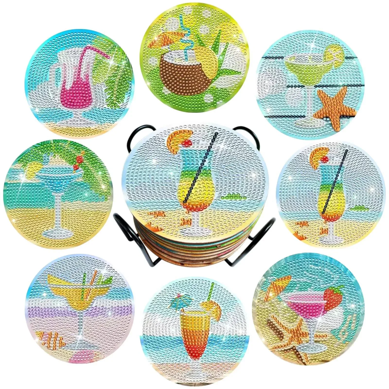 8 pcs Cocktail Diamond Art Coasters Kit with Holder for Adults, DIY Summer Diamond Dotz Coasters Non-Slip Coaster for Women, Beginners, Kids, and Adults Art Crafts Projects Supplies Gift