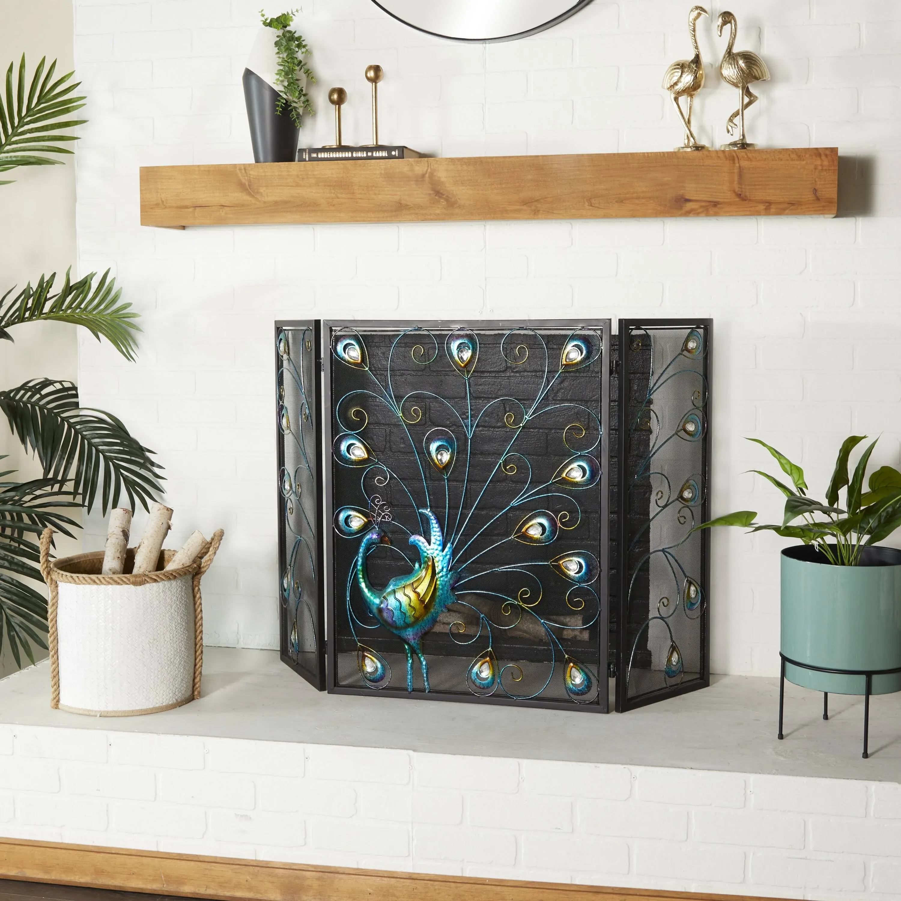 Deco 79 Metal Peacock Fireplace Screen Rainbow 3 Panel with Crystal Accents and Black Frame, 48" x 1" x 32", Blue