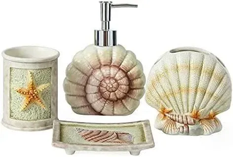 Ceramic Ocean Bathroom Accessories Set, 4 Piece 3D Conch Shell Bathroom Ensemble Set with Toothbrush Holder, Toothbrush Cup, Soap Dispenser, Soap Dish (Blue Light)