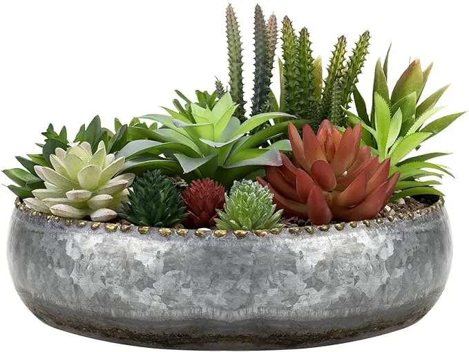 MyGift 11-inch Galvanized Silver Metal Round Planter Bowl with Brass-Tone Pebbled Rim - Handcrafted in India