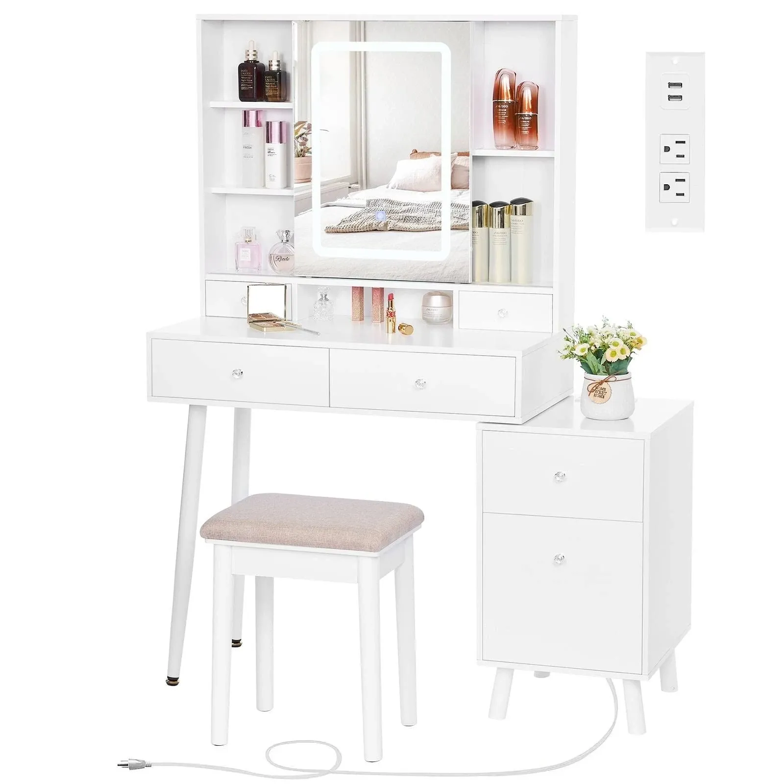 BEWISHOME Vanity Desk, White Vanity with Charging Station & Nightstand