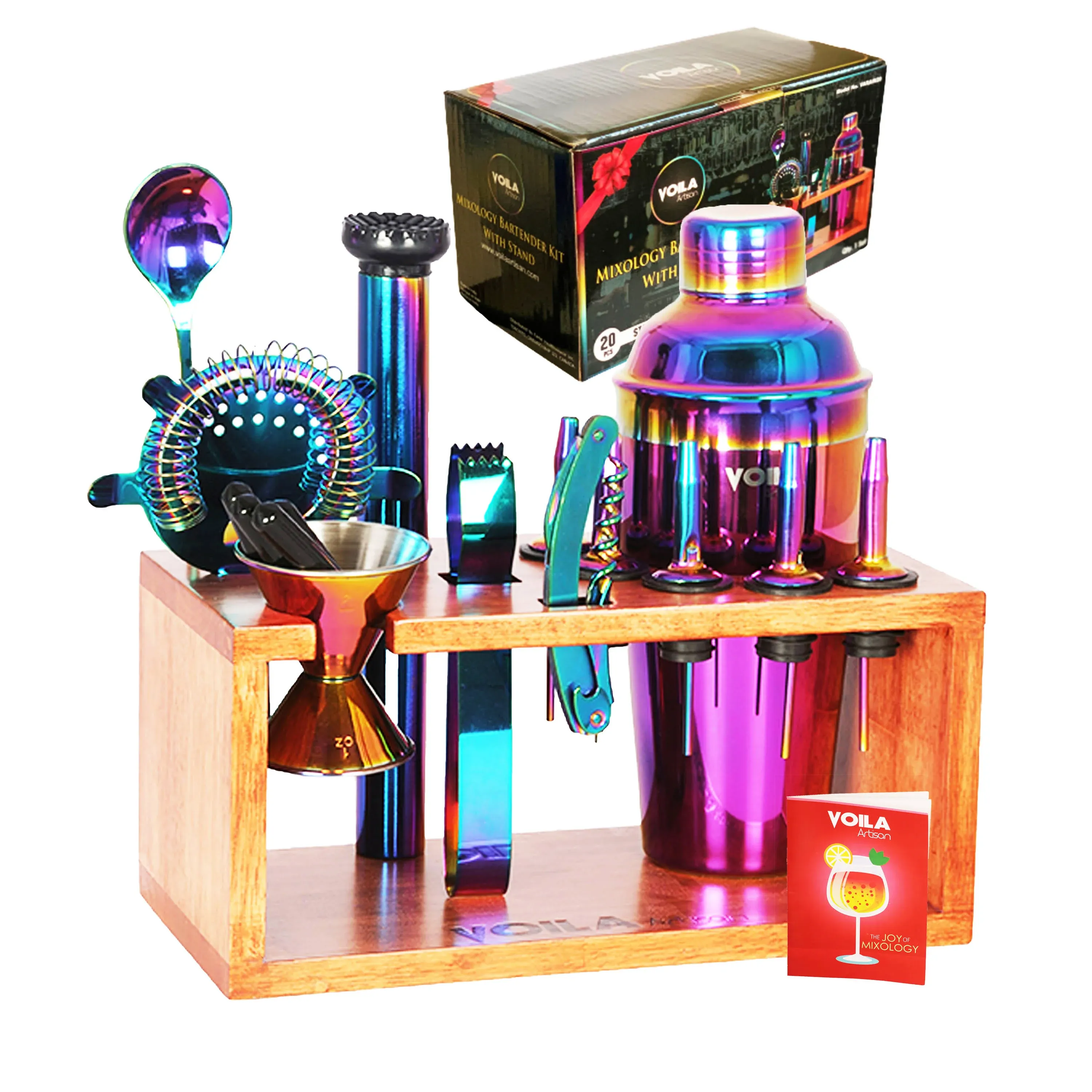 Voila Artisan 20 Pcs Premium Mixology Bartender Cocktail Shaker kit With Elegant Mahogany Wooden Stand-Rainbow