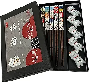 Wooden Chopsticks Reusable 5 Pairs Gift Set with 5pcs Porcelain Rest