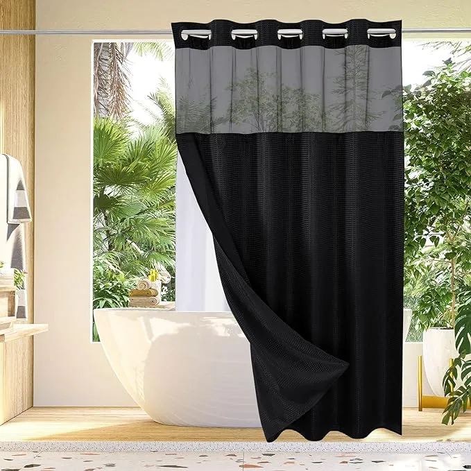 Gibelle No Hook Waffle Weave Shower Curtain with Snap-in Fabric Liner Set for Bathroom, Hotel Style with Mesh Top Window, Waterproof & Washable, Black, 72x74