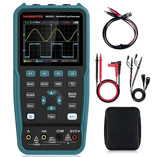 HANMATEK 3 in 1 Handheld Oscilloscope Multimeter 100Mhz Waveform Generator Oscilloscope with 2 Channels 3.5"TFT, HO102S Professional oscilloscope Multimeter with Memory Function