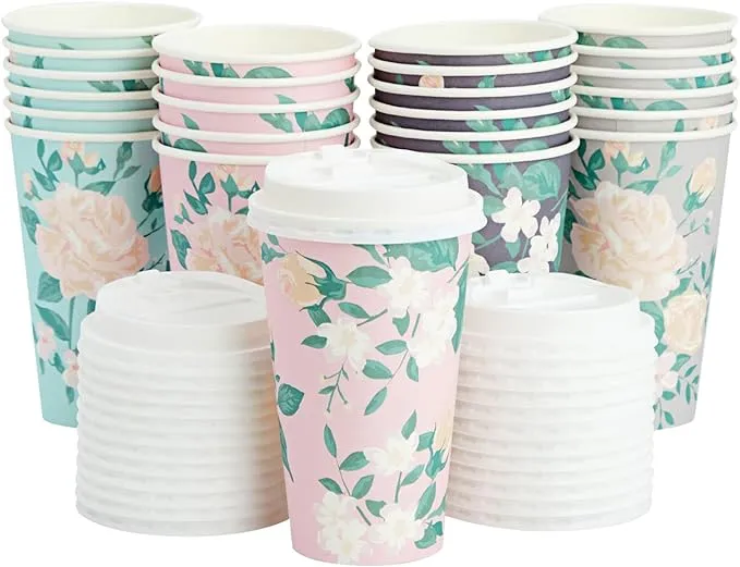 24 Pack Disposable Floral Paper Coffee Cups with Lids 16 oz, To Go Coffee Cups for Flower-Themed Birthday Party Supplies, Wedding Reception, Baby Shower (4 Pastel Colors)