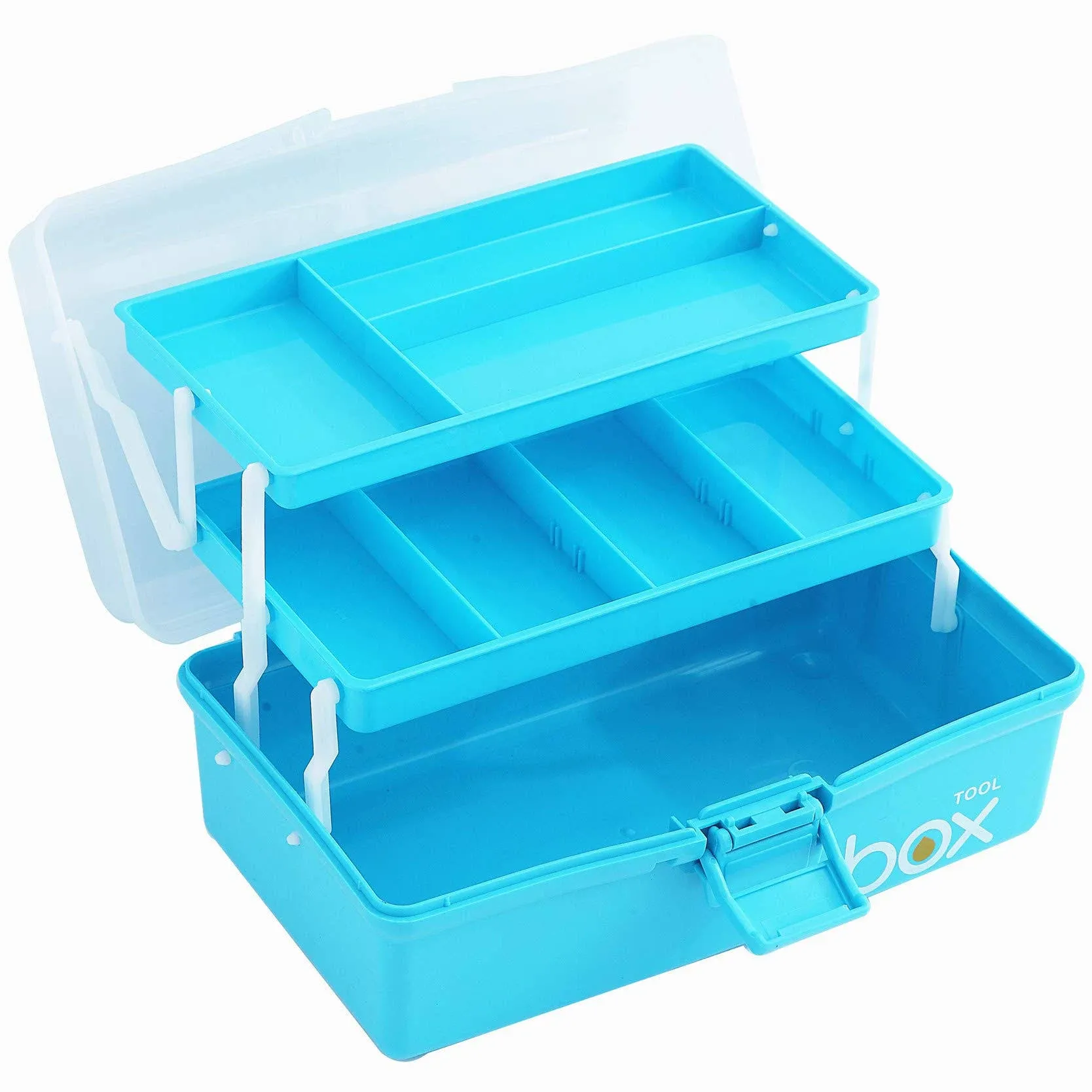 Sunxenze 12'' Three-Layer Clear Plastic Craft Storage Box, Tool Box/Sewing Box Organizer, Art Storage Box with Handle (Light Blue)