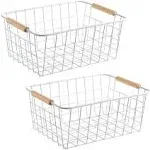 LeleCAT white wire baskets with Wooden Handles Storage Organizer Baskets, Household Refrigerator for Cabinets, Pantry, Closets, Bedrooms, kitchen - Set of 2（White）