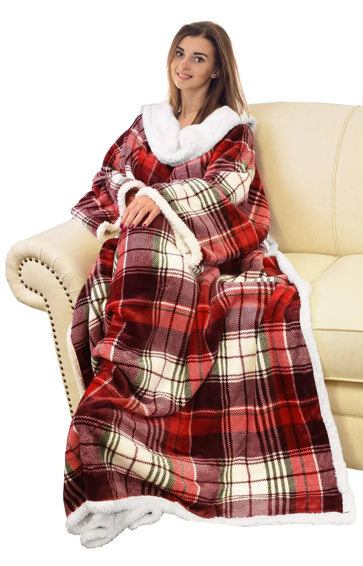 Wearable TV Blanket with Sleeves Arms Warm Micro Plush Sherpa Fleece Red Plaid