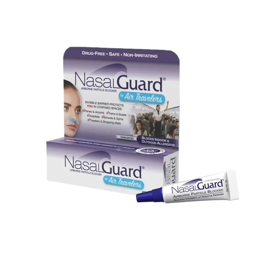 NasalGuard Airborne Particle Blocker Nasal Gel for Air Travelers - Drug-Free, Non-irritating, Non-drowsy, Airplane Travel Approved (Unscented) - Over 150 Applications Per Tube (0.1 oz, Pack of 1)