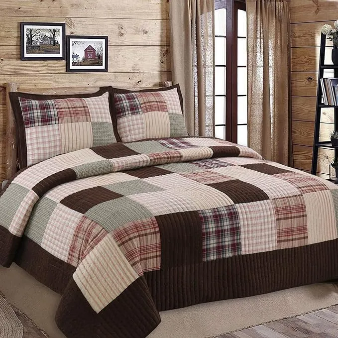 Cozy Line Home Fashions Brody Farmhouse Chocolate Plaid Striped Real Patchwork Reversible Quilt Bedding Set, Coverlet Bedspread (Brown Grid, Queen - 3 Piece)