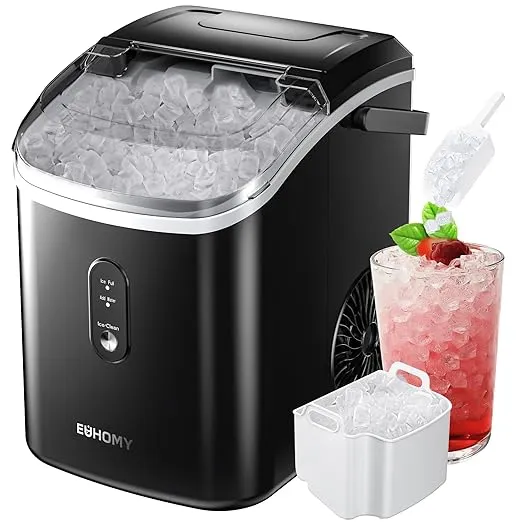 EUHOMY Nugget Ice Maker Countertop with Handle, Ready in 6 Mins, 33lbs/24H, Removable Top Cover, Auto-Cleaning, Portable Pebble Ice Maker with Basket and Scoop, for Home/Party/Camping. (Black)