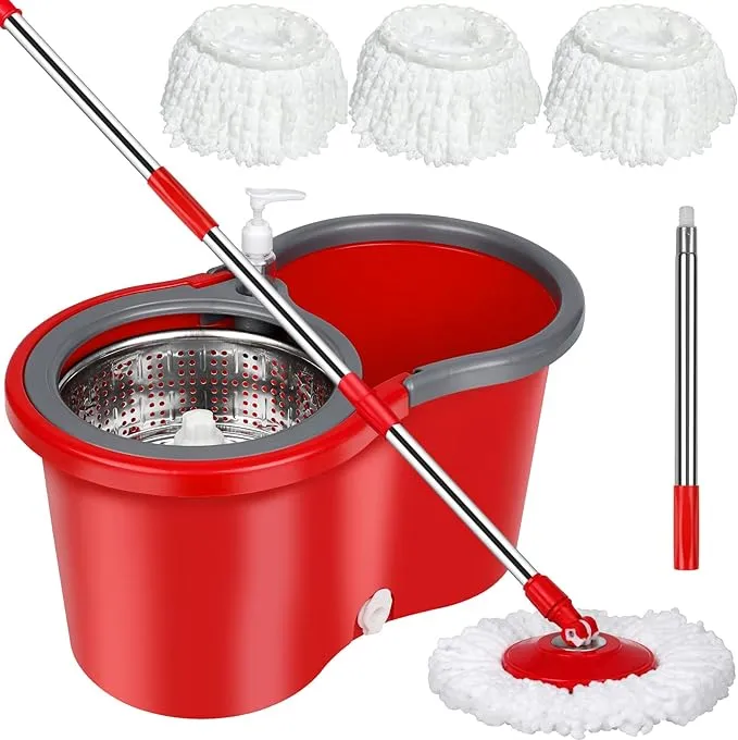 Mop and Bucket with Wringer Set, 360 Spin Mop and Bucket with 3 Replacement Heads, Stainless Steel Mop Bucket 61 Inch Adjustable Handle for Floor Cleaning