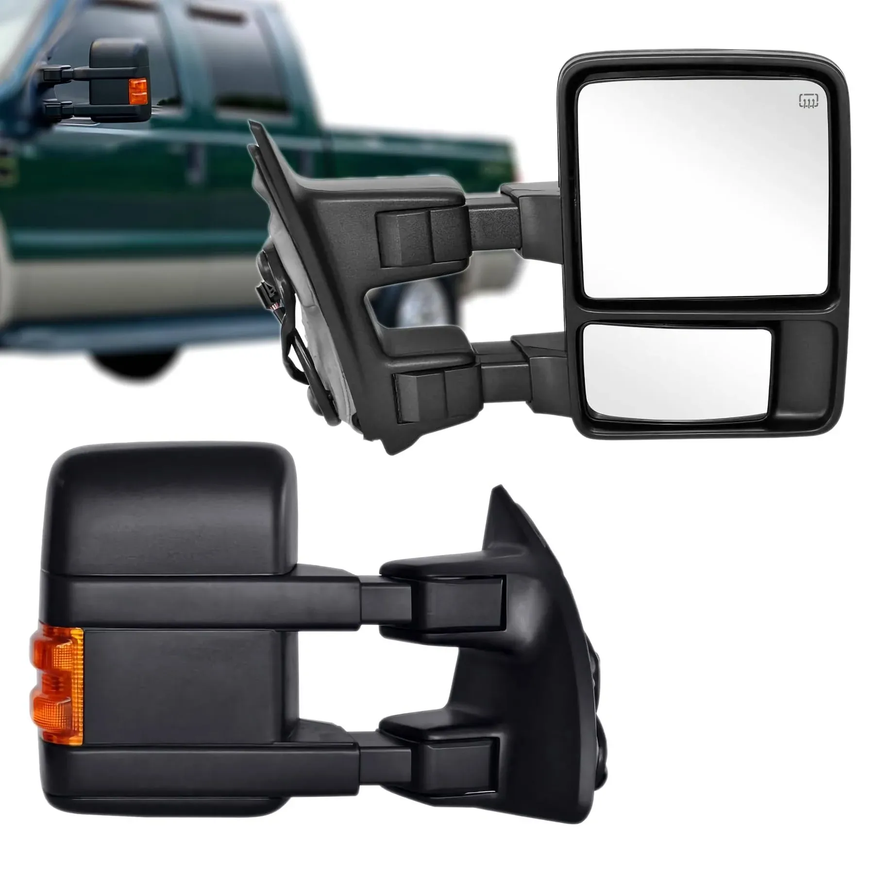 Towing Mirrors Left & Right Pair for 08-16 F-250 F-350 F-450 F-550 SUPER DUTY,POWER HEATED W/AMBER SIGNAL, Covex Lens, BLACK Mirror Driver Passenger LH RH Replacement