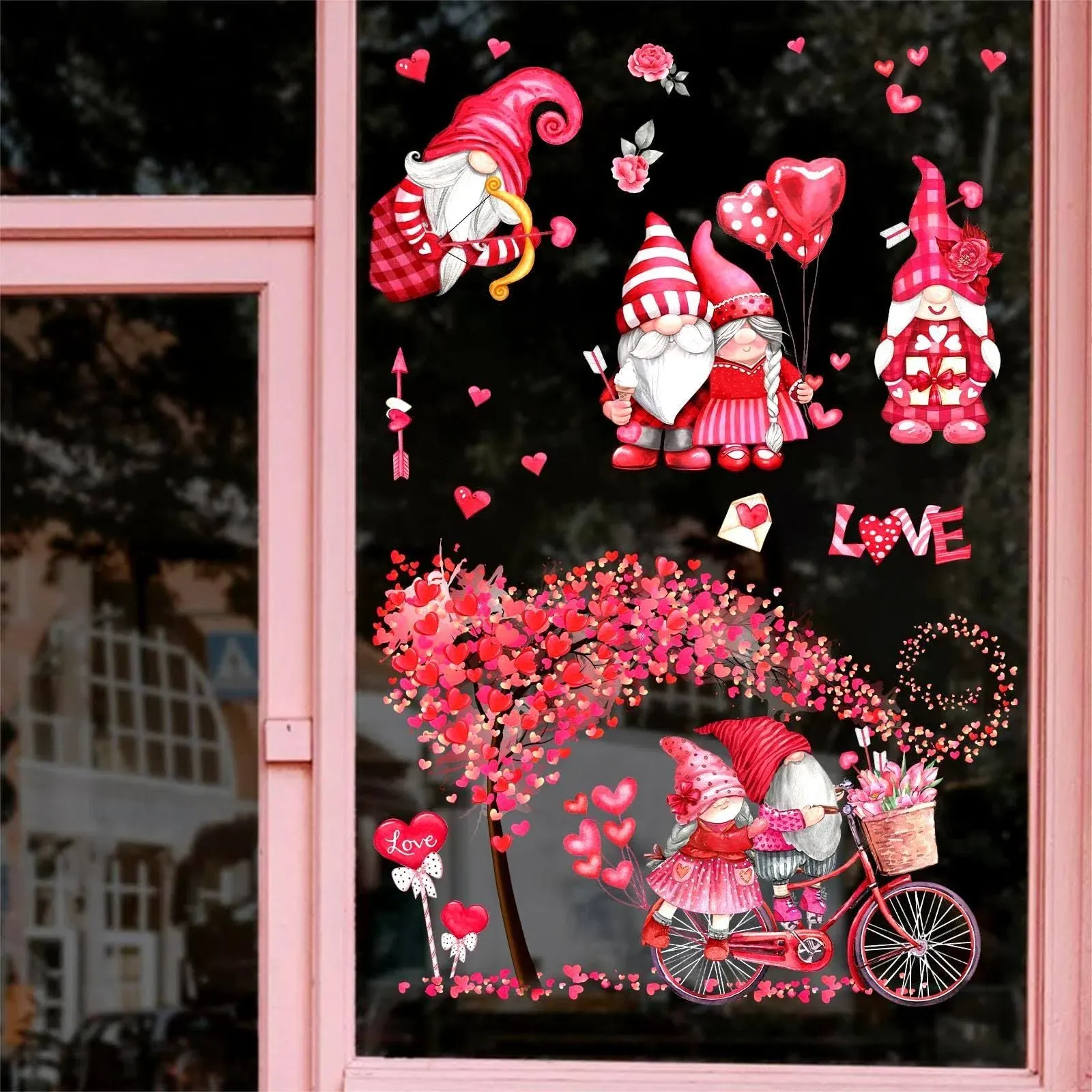 Yovkky Valentine&#039;s Day Gnome Window Clings 9 Sheets, Pink Heart Tree Couple