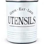 Walford Home Kitchen Utensil Holder Crock, White with Premium Padded Base - Vintage Farmhouse