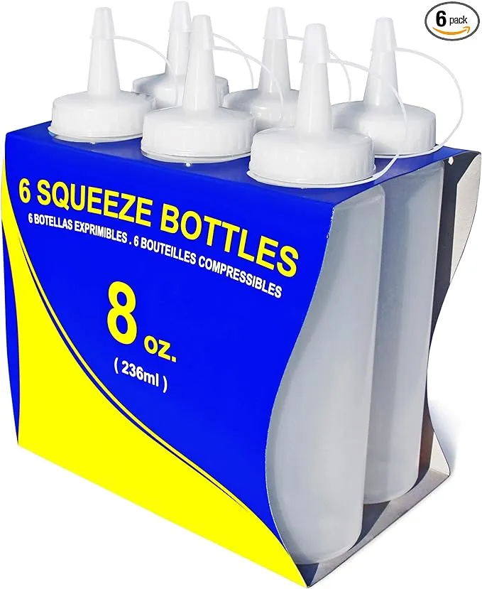 New Star Foodservice 26115 Squeeze Bottles, Plastic, 8 oz, Clear, Pack of 6