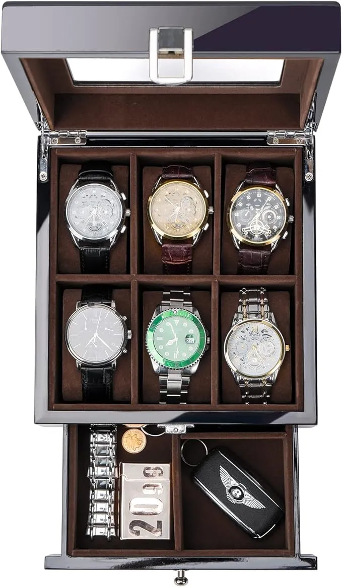 ProCase 6 Slots Lacquered Finish Wooden Watch Box for Men, Men’s Watch Organizer with Glass Top, 2-Tier Display Case for Wristwatch Storage -Black