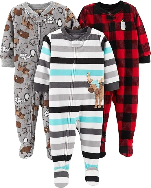 Simple Joys by Carter's Toddlers and Baby Boys' Loose-Fit Flame Resistant Fleece Footed Pajamas, Pack of 3