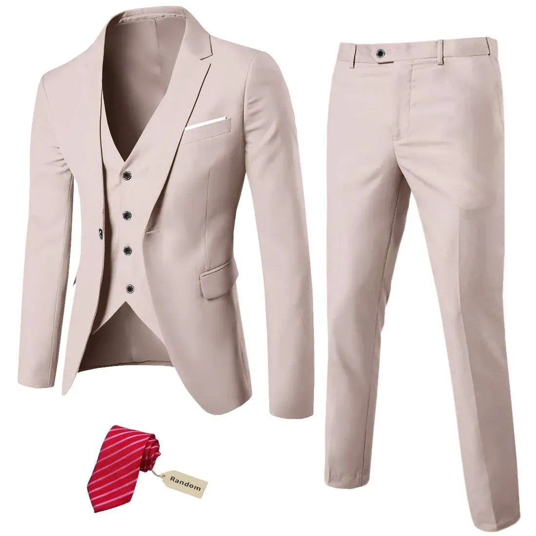 Mys Men's 3 Piece Slim Fit Suit Set, One Button Solid Jacket Vest Pants with Tie