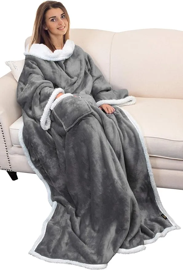 Catalonia Sherpa Wearable Blanket with Sleeves Arms, Super Soft Warm Comfy Large Fleece Plush Sleeved TV Throws Wrap Robe Blanket for Adult Women and Men, Gift for Her